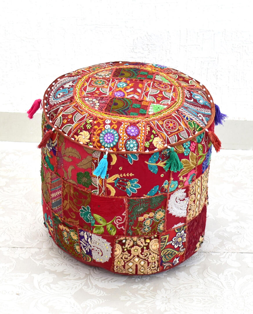 Cotton Gwen Pouffe/Ottoman Khambadiya Patchwork - Red - Image 3